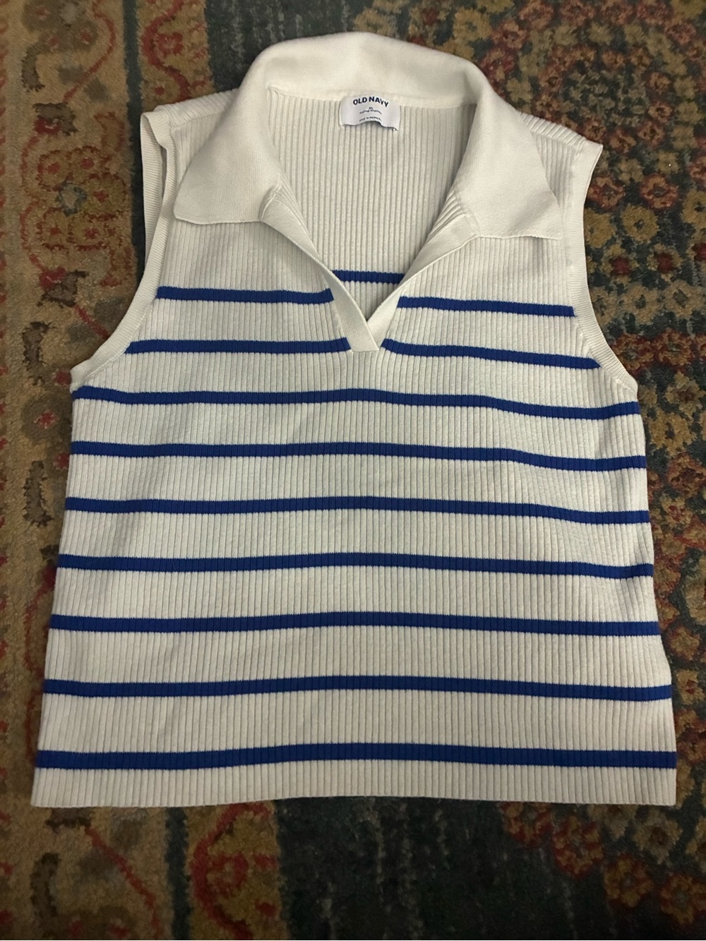 Old Navy White and Blue Striped Sleeveless Knit Polo